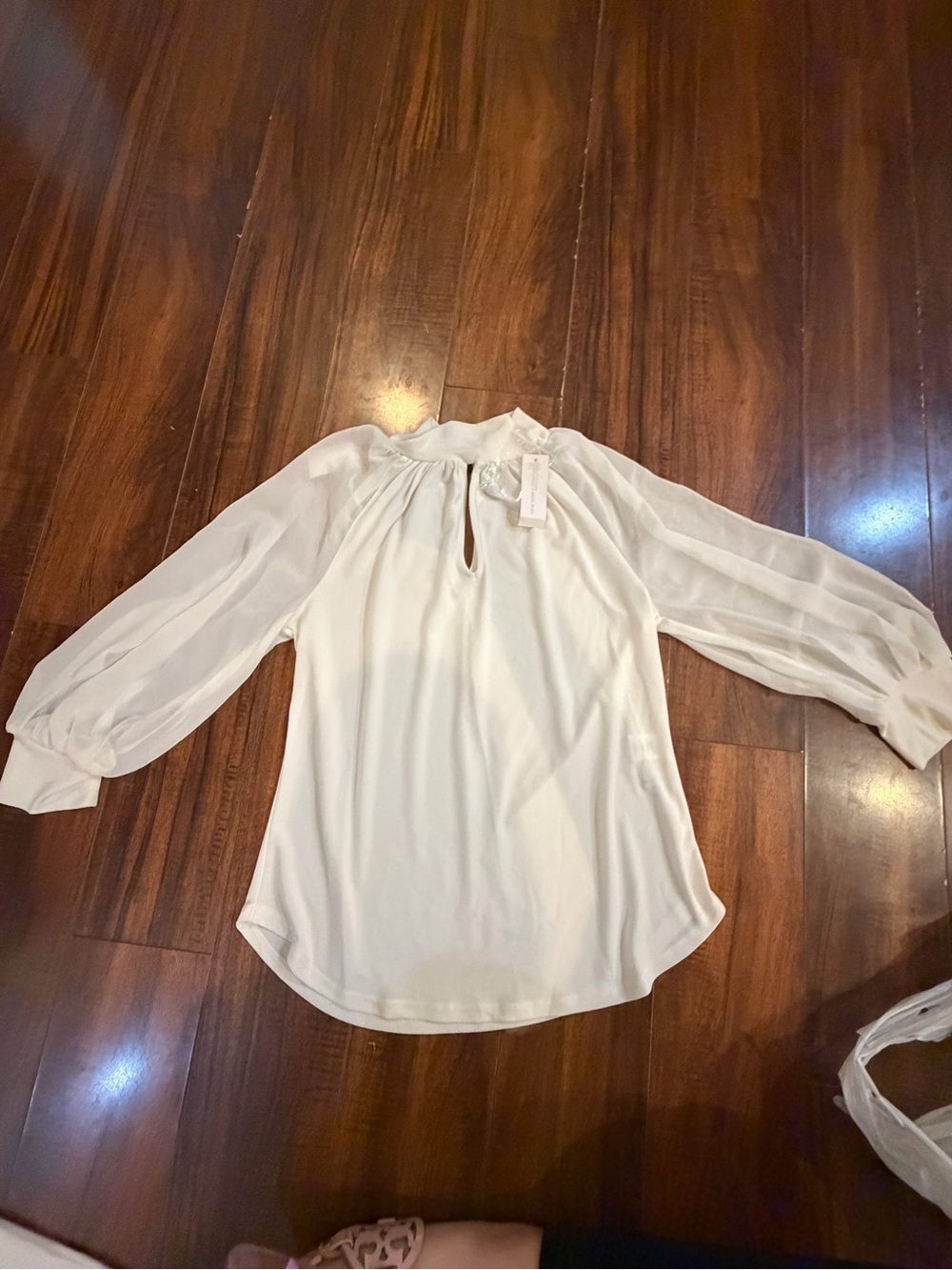 New York & Company Cream Long-Sleeve Keyhole Blouse with Sheer Sleeves